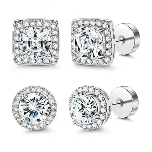 Women's Luxury 4-Piece Halo Zircon Stud Earring Set — Available in Gold/Silver Two-Tone and Round/Square Styles; Hypoallergenic Material — A Gift for Her; Includes Ear Backs and an Exquisite Jewelry Box — The Perfect Gift for Her.,summerwins,summeroutfits