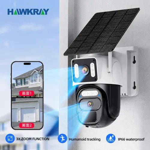 Hawkray Solar-Powered Dual-Camera (Built-in SIM card requires a data plan; no Wi-Fi) Outdoor Wireless Security Camera – Color Night Vision Edition – 360° Real-Time Viewing and Detection – Two-Way Audio – Automatic Connection – Pan-Tilt Control,father'sday