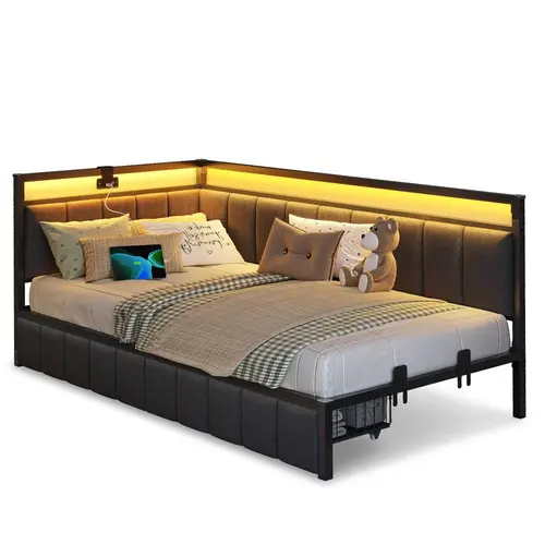 Sikaic Metal & Line Grey Upholstered Corner Daybed Frame with Storage Drawers, LED Lights, Charging Station & USB Ports - Apartment Upholstered Bed Frame for Twin, Full, Queen Sizes, Apartment Bed Frame