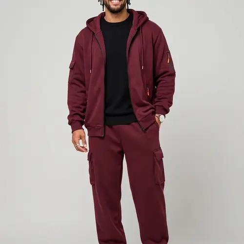 KZZ Men's 2-Piece Casual Fleece-Lined Tracksuit - Plain Embroidered Long Sleeve Hoodie Top (Dark Gray), Multi-Pocket Drawstring Pants (Black), Cozy Hood, Comfortable Fit, Winter Wear, XXL Sizes Available