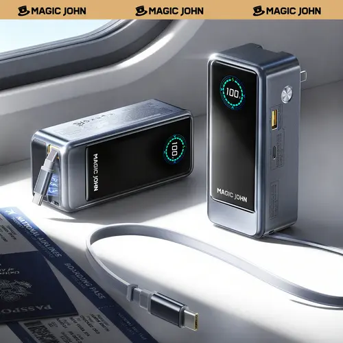 MAGIC JOHN Rechargeable 15000 mAh Power Bank Charger with Lanyard, Built-in 2.3ft Retractable Cable, USB-C/USB-A Outputs, Airline-Approved for Smartphone, Mobile, iPhone 17/16 Series, S13, MacBook, Samsung Phones & Laptops