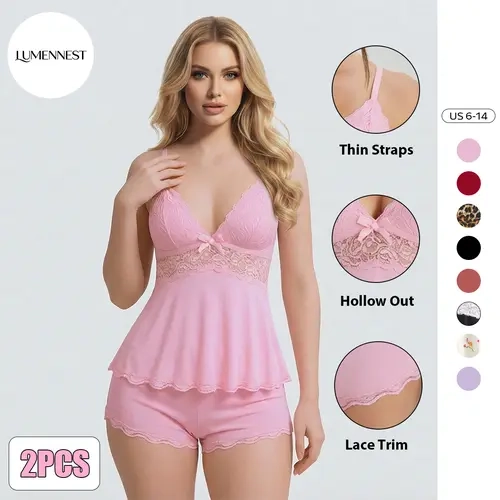 LUMENNEST Women's 2-Piece Basic Strappy Lace Lingerie Set - Adjustable Thin Strap Camisole & Shorts, Soft Comfort, Machine Cold Washable, Leopard Animal Print Underwear for Women Lounge PJ Set