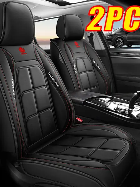 Waterproof Leather Car Seat Covers (2PCS, Black with Red Stitching) - Auto Accessories, Car Interior Accessories for Enhanced Protection and Style