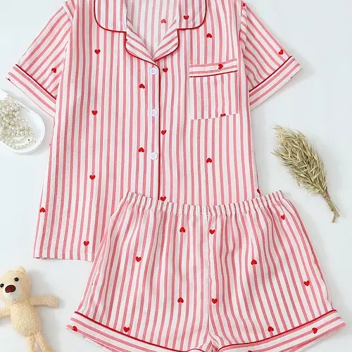 Valentine Striped Heart Print Short Sleeve Shorts Set, Pajama Set, casual pyjama set, Cute Sleepwear, All Seasons Home Wear, Adorable Loungewear, Pj Sets