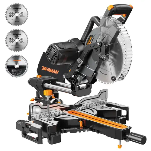 DOVAMAN Updated 10-Inch Dual Bevel Sliding Miter Saw with Sliding Rail for DIY Enthusiasts & Home Projects, 2-Speed 5000/3200 RPM, LED Shadowline, 0-45° Angles, 3.5"x13.4" Max Cut, 3 TCT Blades, 9 Positive Stops, Plastic Dust Bag, Extendable Table