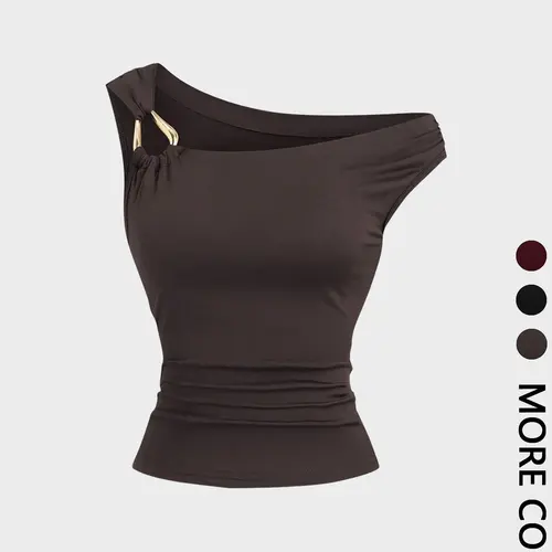 1 Piece Asymmetric Shoulder Ruched Crop Top, Fabric, Euro-American Y2K Vibe, Cropped Design, Flattering Fit, Eye-Catching Pick for Weekend Shopping, Music Festivals