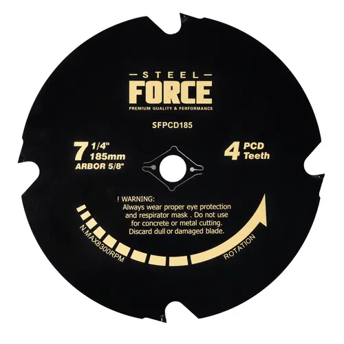 Steel Force CRPCD185 7-1/4" 4-Tooth Single Diamond-Tipped (PCD) Cutting Blade, 4-Tooth Control for Clean Edges, Durable Configuration for Fiber Cement & Laminate Flooring Cuts