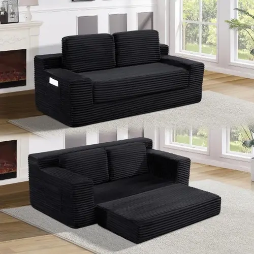 Niccae Vintage Chic Convertible Futon Couch - 2-in-1 Foldable Boneless No-Assembly Compressed Memory Foam 2-Seater Corduroy Compact Indoor Sofa, Switches to Lounge Chair-Lounge Bed, Modern Vibe Minimalist Space-Saving Furniture for Bedroom