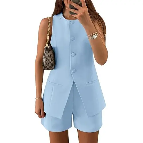 ZESICA Women's Iron-Smooth Look 2-Pcs Set Clothes for Women, 2026 Summer Polyester Solid Sleeveless Crew Neck Button-Front Vest & High Waist Shorts, Work-to-Wedding Layering Combo Business Outfits