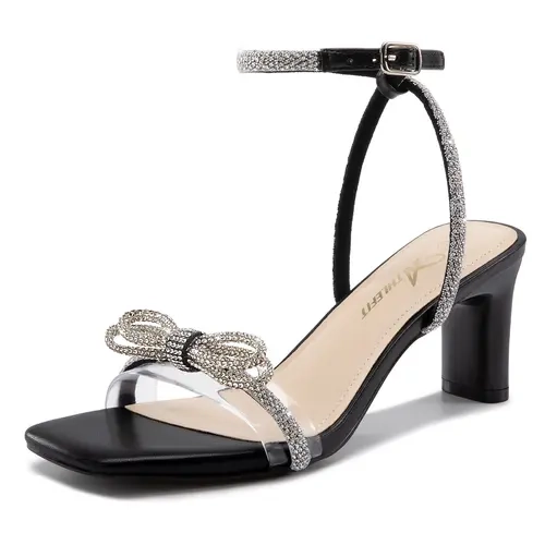 Athlefit Women's Elegant Rhinestone Bow PU Ankle Strap Sandals - Open Square Toe, 2.57 Inches Block Heel, Buckle Closure, 4mm Latex Insole Shoes for Women, Party, Wedding