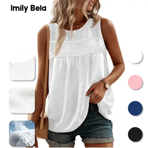 Imily Bela Tank Top for Women Loose Fit Sleeveless Crew Neck Camisole Tops Casual Swiss Dots Summer Cami Shirts Blouse