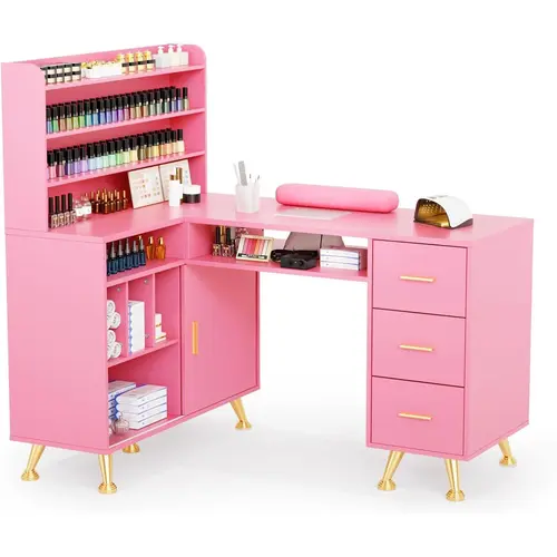 OmySalon Sturdy 52" Long L-Shaped Manicure Salon Set Workstation (Requires Assembly) - Commercial Salon Furniture, Adjustable Grooming Table, Dust Collector, Waterproof MDF Top, Polish Display Shelf, Arm Rest, Drawer, Cabinet Storage (Ships in 2 Packages)