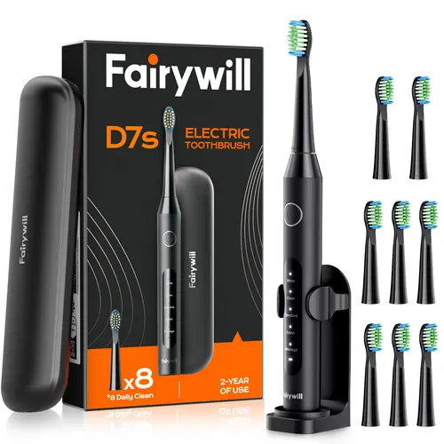 Fairywill D7s Waterproof Rechargeable Cordless Electric Toothbrush Kit for Adults - Battery Operated, Travel Size, 6/8 Dupont Heads, 2 Extra Brush Heads, Travel Covers, Holder, Timer, Gum Health Focus, 2+ Year Use, Self Care & Personal Care Gadgets