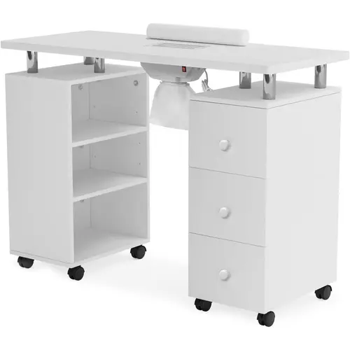 OmySalon Stable Painted Nail Table for Nail Techs - Waterproof Square Wood Commercial Salon Desk with MDF Surface, Electric Downdraft Vent, Lockable Wheels, Wrist Cushion, Storage Shelves, Drawers, Detachable Dust Bag, Easy to Clean, Assembly Required