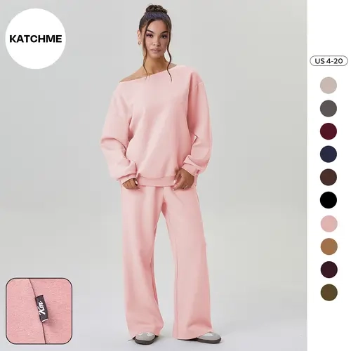 Katch Me Chic(US)Women's Leisure Solid Color Sloping Shoulder Long Sleeve Top & Wide Leg Trousers Co-ord, Cozy Scoop Neck Loose Two Piece Outfits, Basic Womenswear(T)