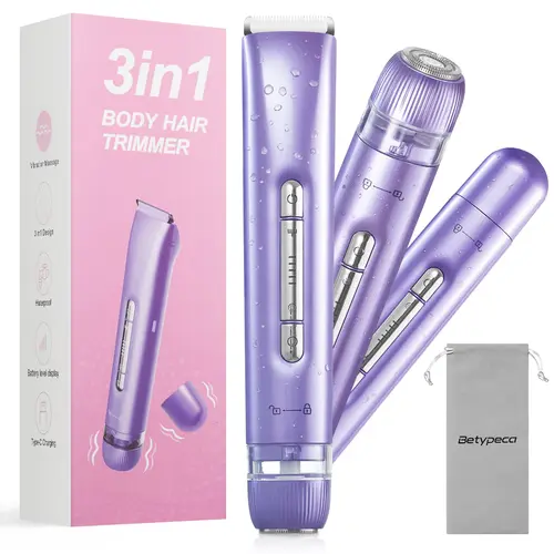 BETYPECA Women's 3-in-1 Rechargeable Bikini Trimmer Multi-Pack - Lightweight IPX7 Waterproof Portable Shaver, Epilator Hair Remover, Clipper with 6000-7000 VPM Vibration Massage, Cordless for Adults, Gifts for Women, Cool Gifts for Adults