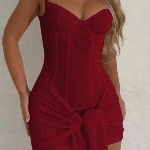 Women's Elegant Solid Color Lace Knotted Tank Dress, Sleeveless Ruched Backless Bodycon Mini Dress for Party, Club, Night Out, and Holiday