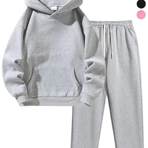 Men's Plain Two-Piece Sweatsuit Set, Fitted Casual Hoodie with Pockets & Drawstring Pants, Thick Fabric for Fall Winter, Daily Wear Essentials