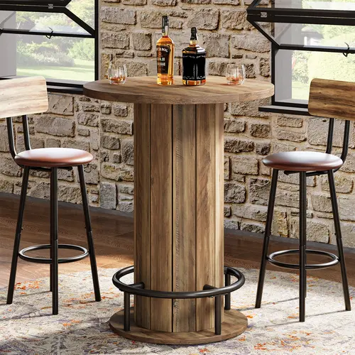 Tribesigns Round Bar Table with Chairs, Industrial Bistro Sets with 2 barstools, Pub Cocktail Table with Metal Ring Footrest for Kitchen Nook, Apartment, Small Space