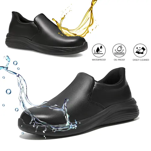 Men's Enhanced Wide-Toe Work Safety Footwear - Slip-On, Oil-Proof, Waterproof, Non-Slip, Reflective Strips, Comfortable, Easy-to-Clean, All-Season, Affordable, Casual, for Kitchen/Care, Gardening, Indoor/Outdoors