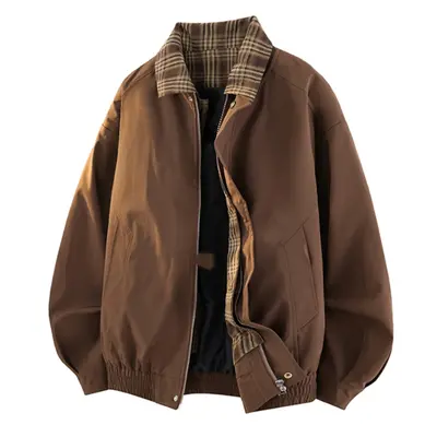 Men's 2-Piece Faux Plaid Design Lightweight Brown Long-Sleeve Lapel Jacket - Casual Workwear, Spliced Flight Baseball Top, New Year Appropriate for Daily & Outdoor Wear, Plaid Design Men's Lightweight Jackets