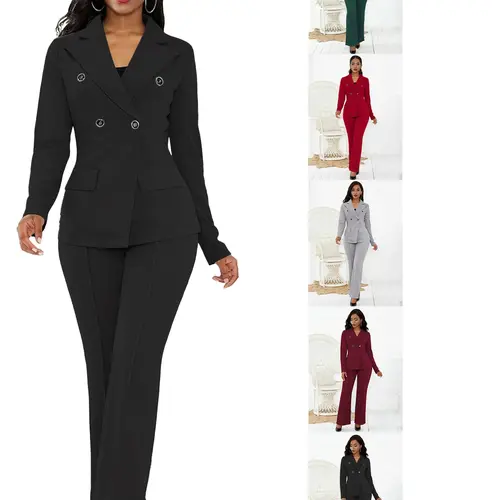 Women's 2-Piece Set, Fashionable Elegance, Simple Style, Autumn Winter, Double Button Long Sleeve Blazer, High Waist Straight Leg Pants, Professional, Suits, Solid, Fit