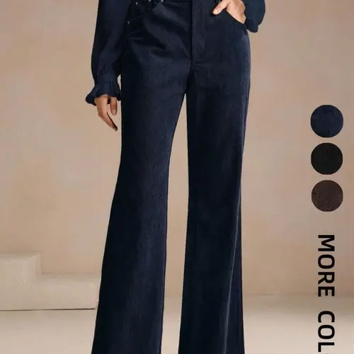 Women's Corduroy Rivet Pocket Button Fly Flare Pants, Elegant Business Casual Style, Versatile Commuter Essential, Fashion Office Wear