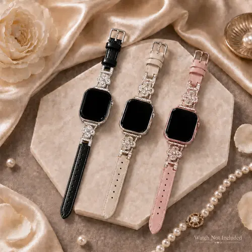 Women's Elegant Feminine Design PU Leather Smartwatch Band (Band Only) - Sparkly 4-Leaf Clover Luck Symbol Quick Release Rhinestone Strap, Wearable Accessory for 38/40/41mm & 42/44/45/46/49mm Smartwatches, Multi-Size, Black/White/Pink Options, Work-Ready