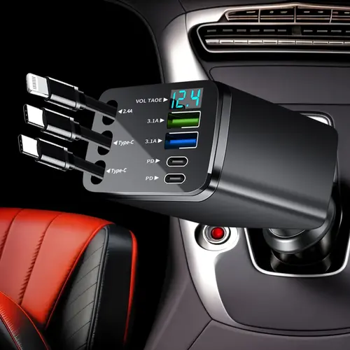 7-in-1 Adjustable Retractable Portable Fast Charging Automotive Smartphone Charger - 70cm Lightning/Dual USB-C Cables, 4 PD/USB Ports, Smart Chip Protection, LED 10-14.9V Voltage Monitor, Universal Plug for Road Trips, Car Accessories, Toolupgrade