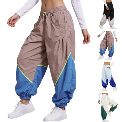 Tanming Womens Quick-Dry Colorblock Track Pants - High-Waisted Contrast Panel Track Trousers with Cuffed Hems Casual Bottoms - Spring Summer Fall Gym Workout Streetwear Travel