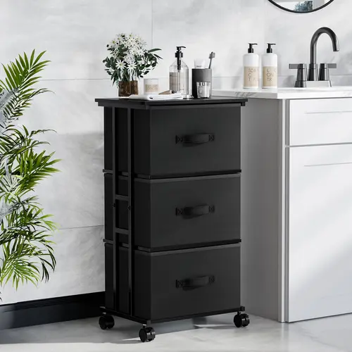 Sweetcrispy 3-Drawer Rolling Organizer Storage Cabinet with Wheels - Sturdy Steel Frame, Removable Waterproof Premium Fabric Bins, Dresser Organization for Modern Home Decor Small Room Ideas, Space-Saving Mobile Indoor Cupboard