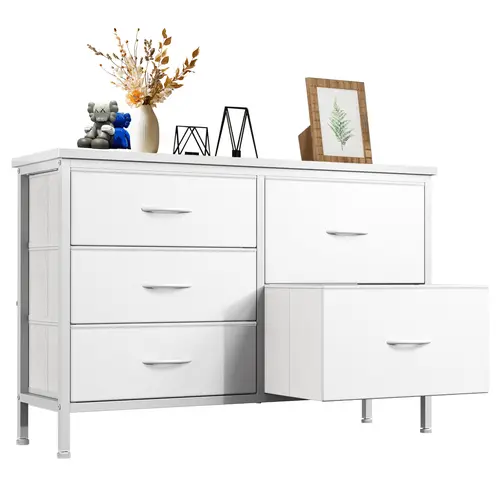 Sweetcrispy 5-Drawer Steel Frame Clothing Storage Cabinet - White Fabric Practical Dresser, Slide-Out Drawer Chest, 39.4x11.8x25.3in Cupboard Furniture for Bedroom Room Storage