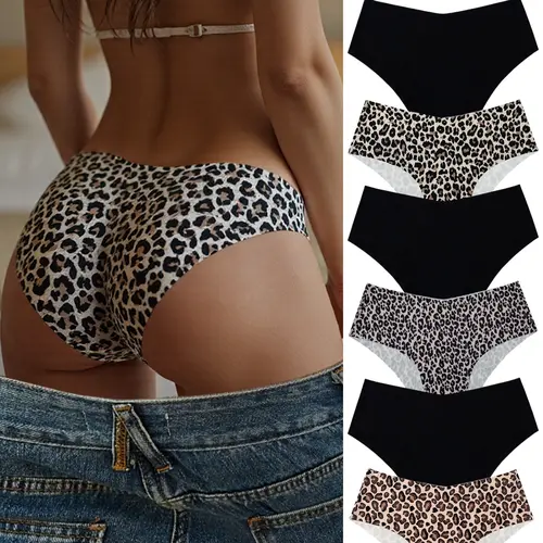 Women's Seamless Leopard Print Underwear Set, Seamless Undergarment, Breathable Soft Comfortable Fitted Casual-Fit Lingerie, 6-Pack Soft Stretch Panties for Daily Wear Everyday with Soft, Comfortable Fit