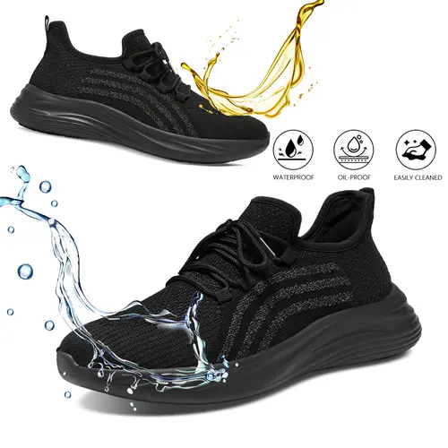 Men's Casual Black Round Toe Slip-On Work & Safety Walking Shoes - EVA Soft Sole, Waterproof, Oil-Resistant, Breathable, Non-Slip Wet Floor Grip, All Seasons Footwear for Chefs on Oil-Ready Floors