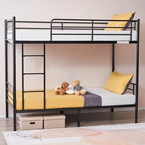 Karlhome Modern Black-White-Gray Iron Twin Heavy-Duty Bunk Bed Frame with DIY Left/Right Ladder, 33.5cm Sturdy Apartment Furniture, Space-Saving Storage-Compatible Bed