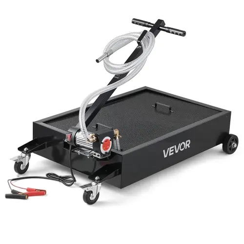 VEVOR 15-Gallon Capacity Low Profile Carbon Steel Oil Drain Pan, 12V Pump Power, 7.2 ft Hose, Brake-Lock Wheels, 4 in Fixed Wheels, Leakproof, Corrosion-Resistant, Drain Oil Fast for 15gal Multi Cars, Trucks