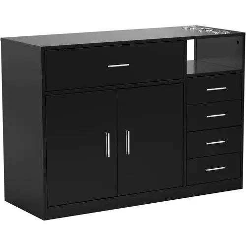 (Ships in 2 Packages)OmySalon Sturdy Free-Standing Salon Station Cabinet - Commercial Salon Furniture, Adjustable Classic Design, Waterproof, Heat & Scratch Safe, 5 Drawers, 1 Open Shelf, 3 Hair Dryer Holders, 5+1 Storage Zones, Bath Assembly Required