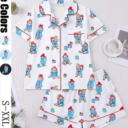 Women's Cute Bear Print Sleepwear Pajama Set, Short Sleeve Lapel Shirt & Loose Elastic Shorts, Casual All-Season Home Wear Loungewear