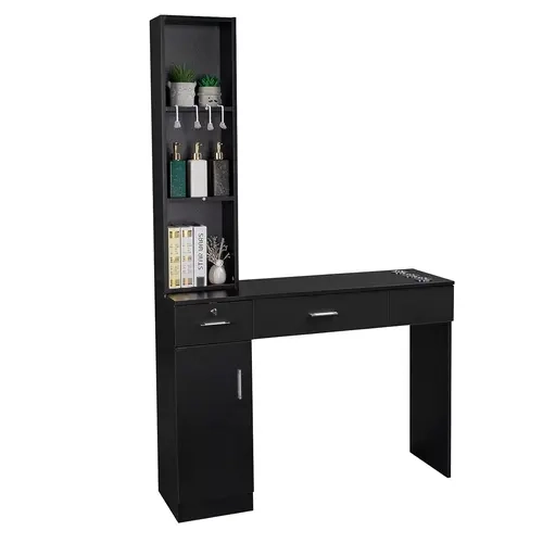 OmySalon Black Wall Mounted Salon Station for Hair Stylists - Stable Sturdy Particle Board Organizer with 2-Drawer Access, 1 Storage Cabinet, 3 Waterproof Rectangular Shelves, Support Legs, 24.8" Roomy Cabinet for Beauty Spas