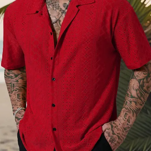 【Black Friday】Men's Casual Collared Textured Jacquard Loose Short-Sleeve Shirt, Tropical Style for Hawaiian Beach