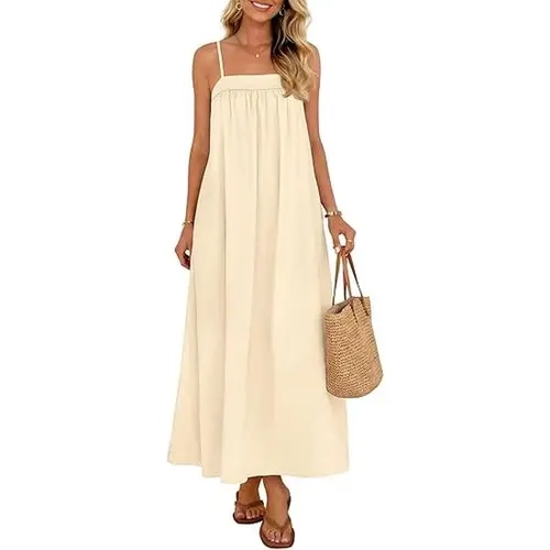 MEROKEETY Women's 2026 Bohemian Square Neck Sleeveless Linen Adjustable Spaghetti Strap Maxi Dress, Casual Beach Vacation Long Dress, Boho Clothes for Women
