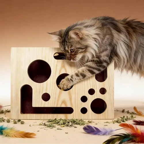 New Edition Natural Wood Cat Scratch Maze Enrichment Box - Safe for Paws, Solid Screw-Locked, Sandpaper Inside, Interactive Puzzle, Treat-Hiding Fun, Stimulates Mind, Nail Care Tool (Home & Party Gift)