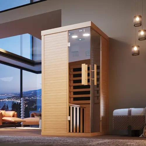 Aoxun 1-2 Person Low EMF Infrared Wooden Sauna (33.4x33.4x66.9in, 33.4" size) - 850w-1260w Energy-Saving, Control Panel, 10 Chromotherapy Lights, Bluetooth Speakers, App Preheat, Reading Light, Detox & Relax, 2-Package Shipping for Home, Gym Wellness