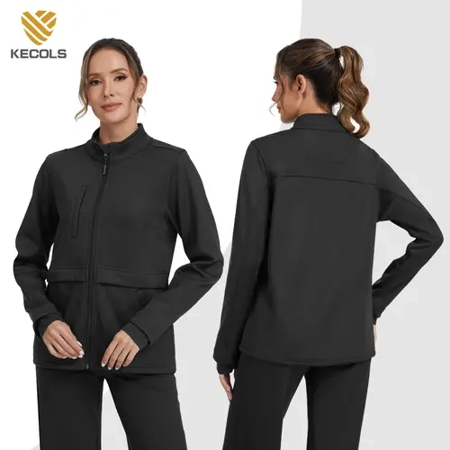 Kecols Women's Basic Collared Workwear Scrub Jacket - Zip Front, Fleece-Lined Outerwear with 5 Pockets, Scrubs for Women
