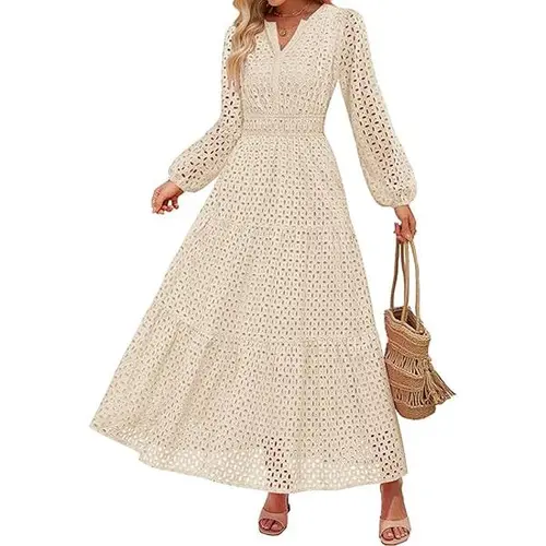 ZESICA Women's 2026 Fall Long Sleeve Maxi Dress V Neck Hollow Out Eyelet A Line Long Flowy Casual Party Dresses