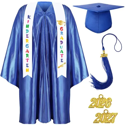 Kindergarten Graduation Cap and Gown Set for Class of 2026 Photoshoot, Satin Blink Gown, 2026 & 2027 Charms & Sash, Satin Kindergarten Graduation Outfit for Son Daughter Nephew Pre-K Preschool Kindergarten 1st Grade Grad Gift Memories Keepsakes, Boys