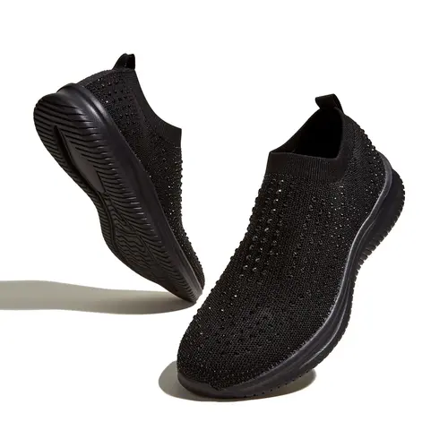 LUCKY STEP Women's Rhinestone Mesh Slip-On Footwear - Breathable Sparkle Glitter Mesh Athleisure Shoes with Memory Foam, Round Toe, Wide Feet Fit, All Seasons Women's Casual Walking Shoes for Daily Wear, Back to School