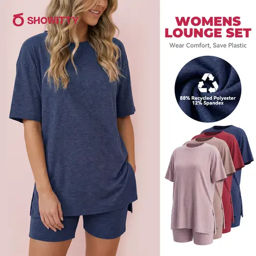 SHOWITTY Womens Lounge Set – Short Sleeve Crew Neck Top and Shorts Set, 88% Recycled Polyester Pajama Outfit with Side Pockets, Soft Stretch 2 Piece Outfit #SummerWins#DealsForYouDays