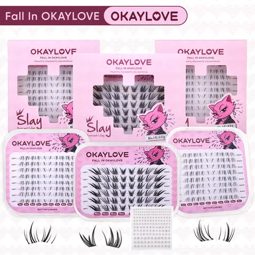 OKAYLOVE Plastic Synthetic Fiber Cosmetic Lash Clusters - Cat Eye Style, CD-C Curved, Self-Adhesive Pre-Glued Upper & Subtle Lower Invisible Lashes for Adults, #Sohoc Chic (Nature-Infused False Eyelashes), Lash Cluster