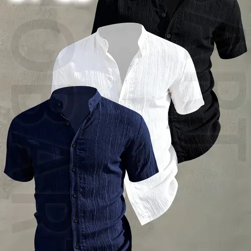 3pcs Men's Summer Short Sleeve Shirt - Lightweight Breathable Plain Color Button-Up Casual Shirt with Stand Collar, Low-cut collar designr Beach Vacation, Pool Party & Casual Attire, Beach Shirt, gift for husband